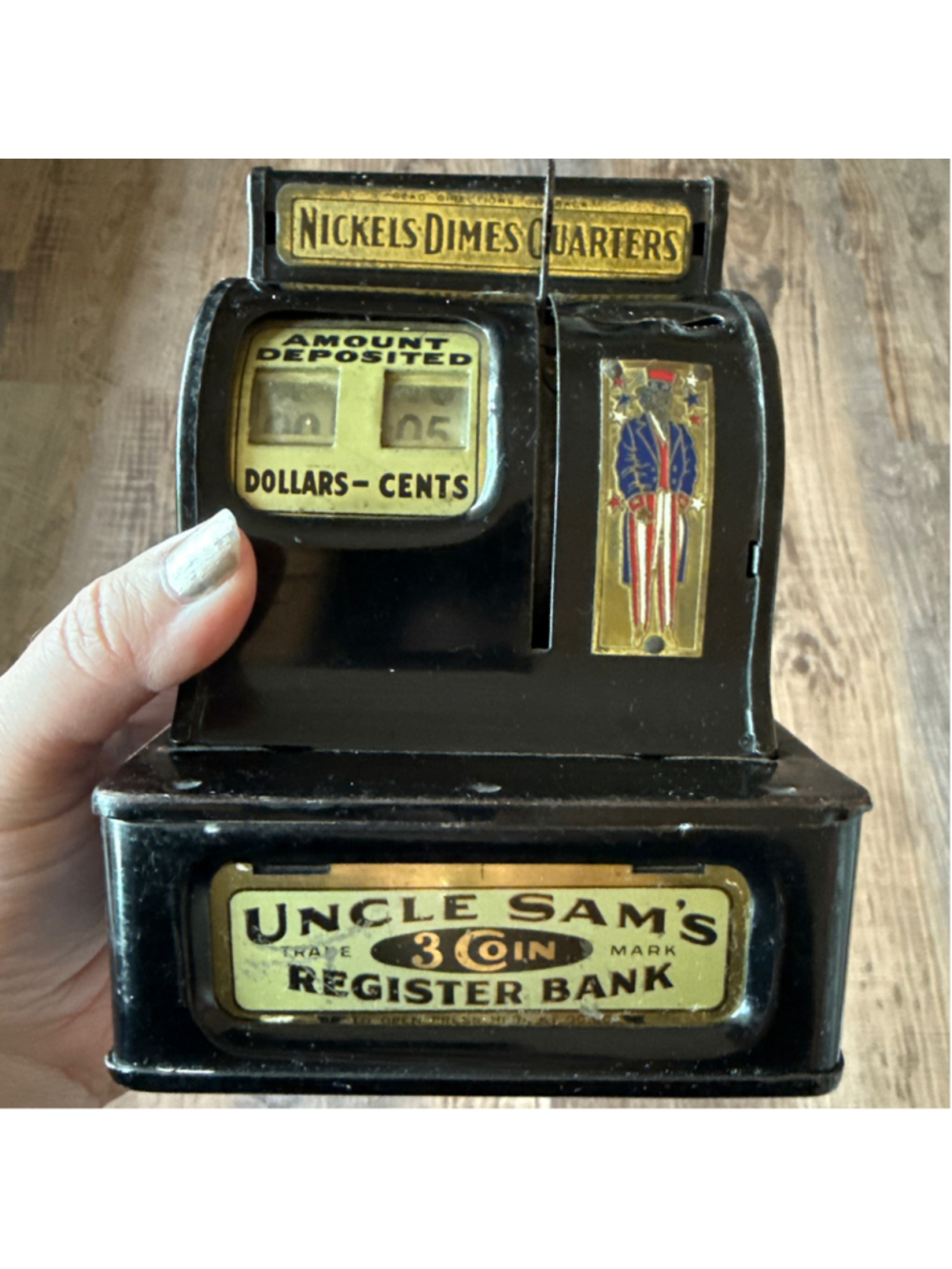 Vintage 1940s Uncle Sam’s 3 Coin Register Bank 5-42 Cleveland Ohio Metal